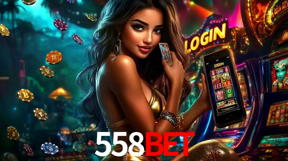 Mulher em um cenário de cassino temático de aventura, mostrando o app de caça-níqueis da 558BET no celular. Fichas de apostas flutuam ao redor.